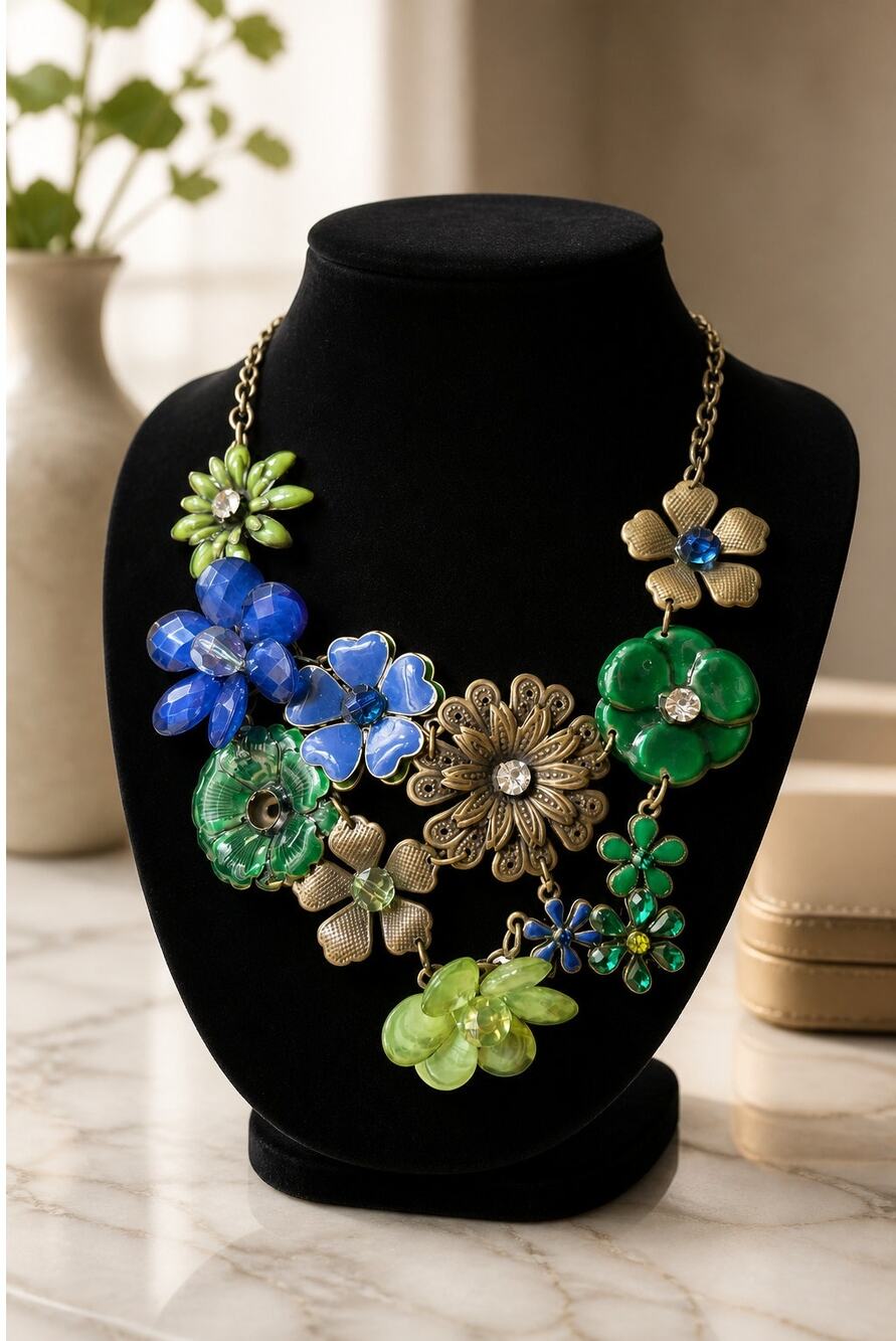 Blue Green Floral Statement Bib Necklace